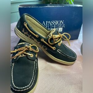 Sperry bluefish black/ leopard print topsiders